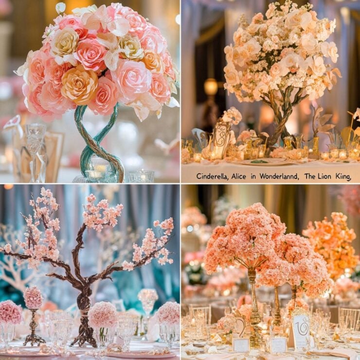 A collection of Disney-themed centerpieces showcasing whimsical, romantic, and adventurous designs from iconic films like "Cinderella," "Alice in Wonderland," and "The Lion King," perfect for creating a fairytale wedding atmosphere.