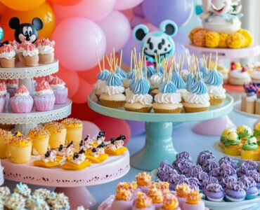 A colorful display of Disney-themed desserts, inspired by beloved characters and movies, perfect for adding magic to birthday parties, movie marathons, or special celebrations.