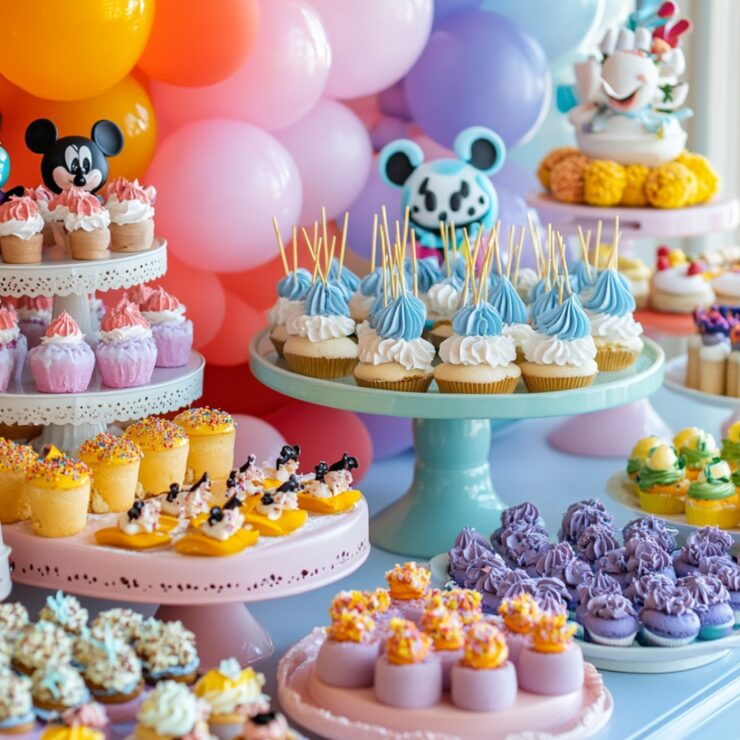 A colorful display of Disney-themed desserts, inspired by beloved characters and movies, perfect for adding magic to birthday parties, movie marathons, or special celebrations.