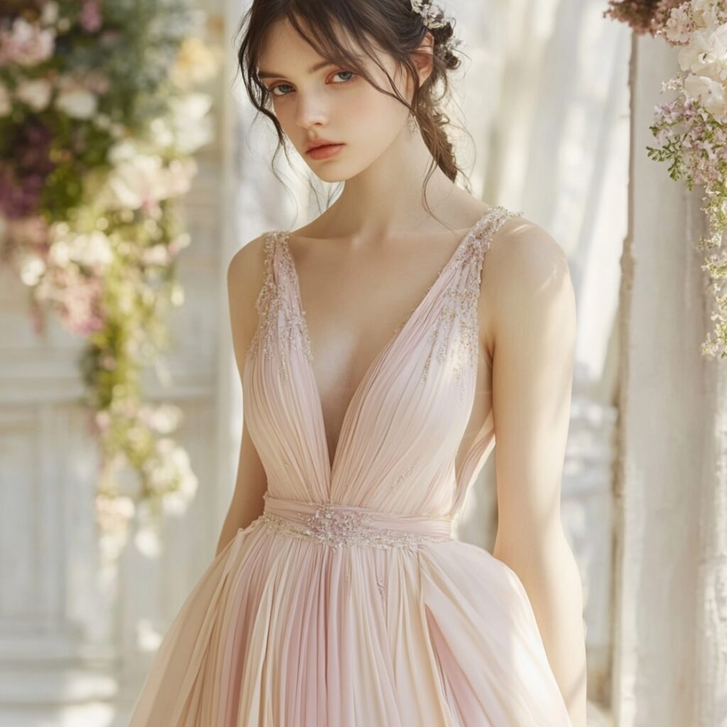 A flowing empire waist gown in soft pastel tones, creating a graceful and romantic silhouette for a fairytale wedding guest look.