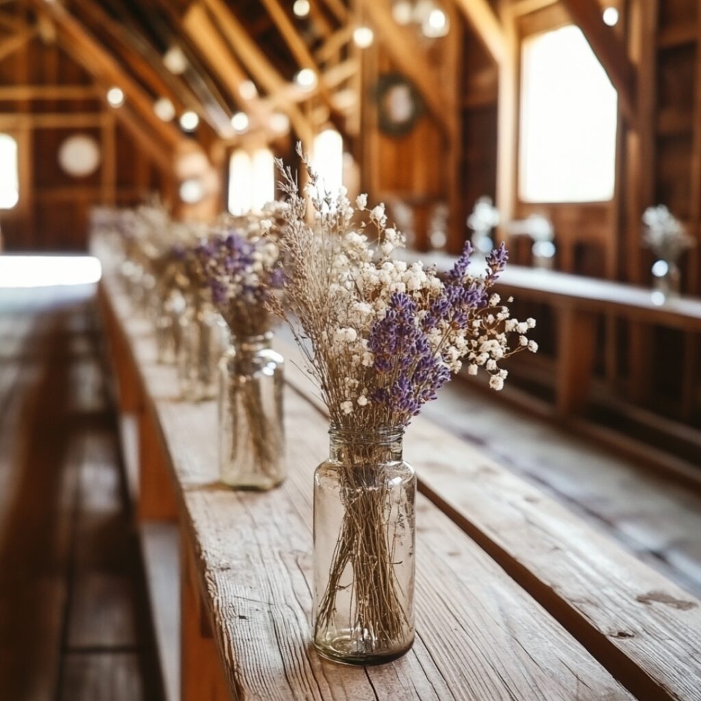 Vintage glass bottles filled with dried flowers like lavender and baby’s breath line the barn wedding aisle, creating a whimsical and boho-inspired decor touch.