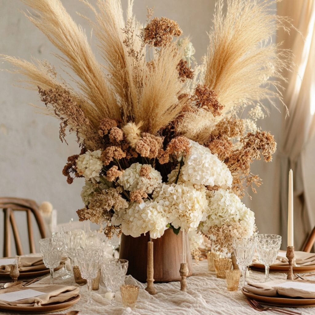 A boho-inspired fall centerpiece with soft neutral tones, featuring pampas grass, dried hydrangeas, and earthy blooms for a relaxed and natural aesthetic at weddings or events.