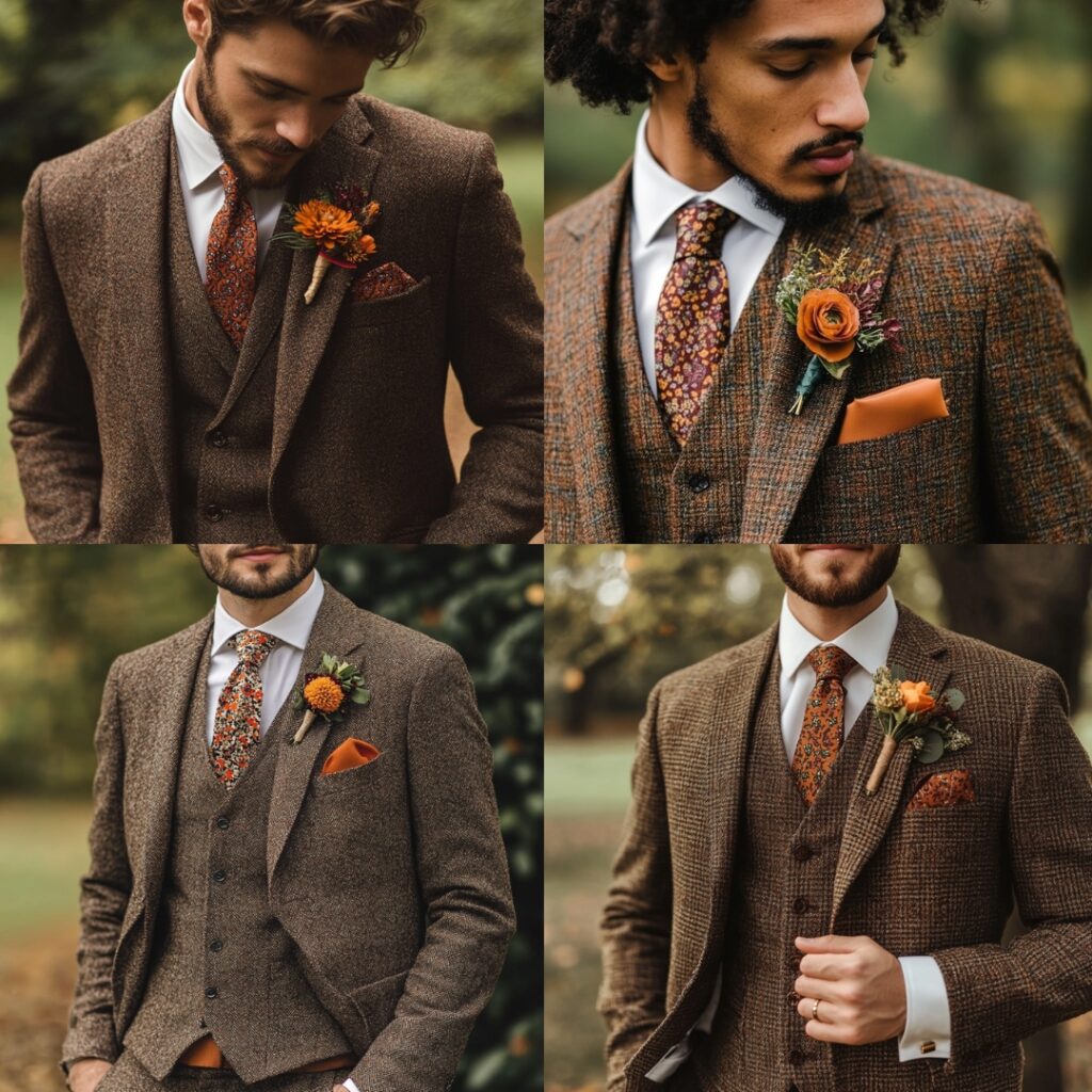 A groom in an earthy-toned tweed suit, perfect for a rustic September wedding, complemented by a patterned tie and vest in deep autumn colors.