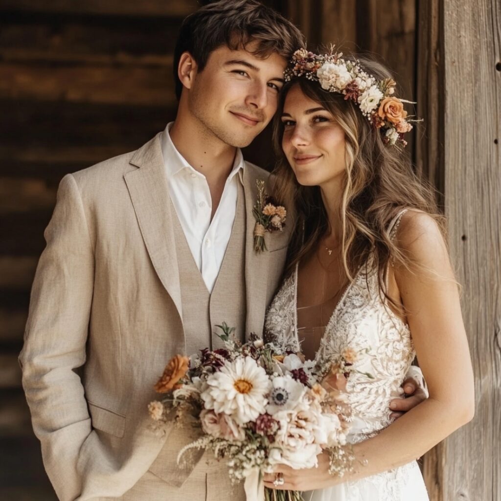 Couple wearing earthy tones for a barn wedding, with the groom in a tan linen suit and the bride in an ivory bohemian gown, accessorized with a flower crown.