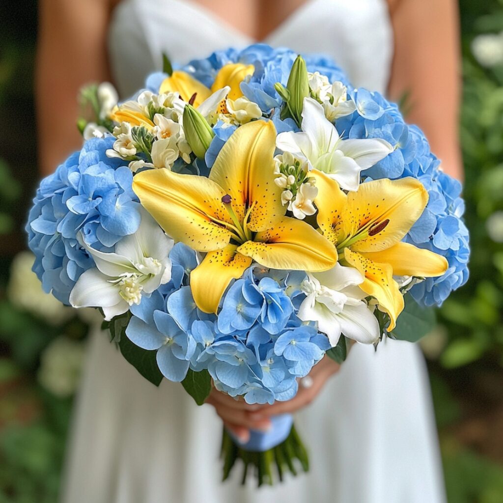 Sophisticated bouquet of blue hydrangeas and yellow lilies, symbolizing heartfelt emotions and warmth, ideal for a formal wedding with white floral accents.