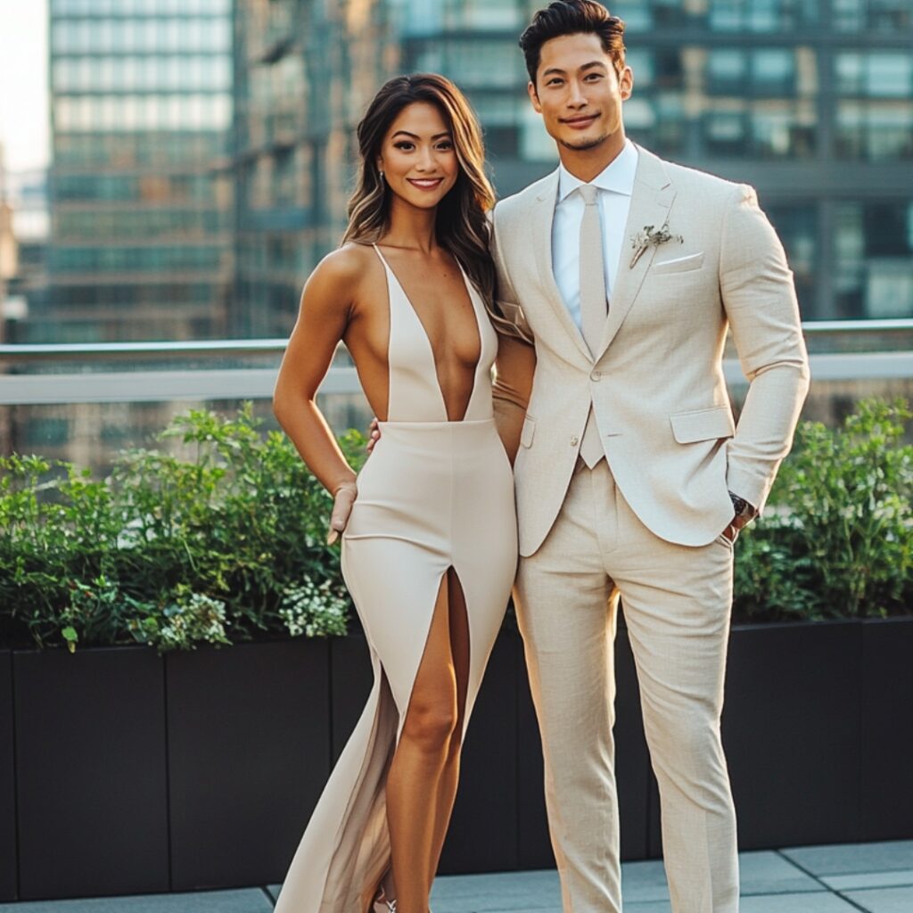 A bride in a sleek, form-fitting gown with a high slit and strappy heels, paired with a groom in a tailored light-colored suit, showcasing an elegant chic look for a rooftop wedding.