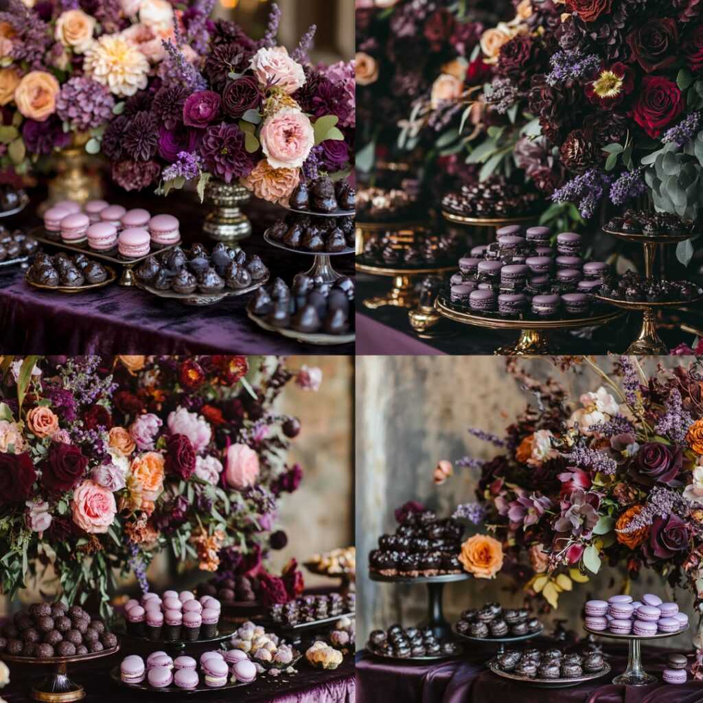 An elegant fall floral dessert table featuring rich jewel-toned flowers and decadent desserts like lavender macarons and dark chocolate truffles, all on a sleek, deep-colored tablecloth.