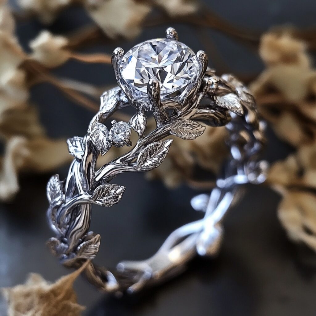 Elven-inspired twisted vine engagement ring with delicate vine details and leaf motifs surrounding a glistening center stone, perfect for nature lovers.