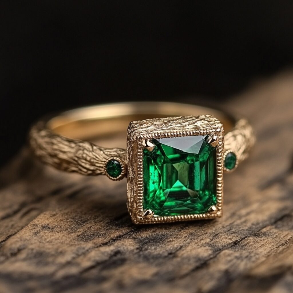 Emerald-cut enchanted forest ring with woodgrain patterns and deep green hues, offering a rustic, mystical vibe for brides who love fairytale romance.