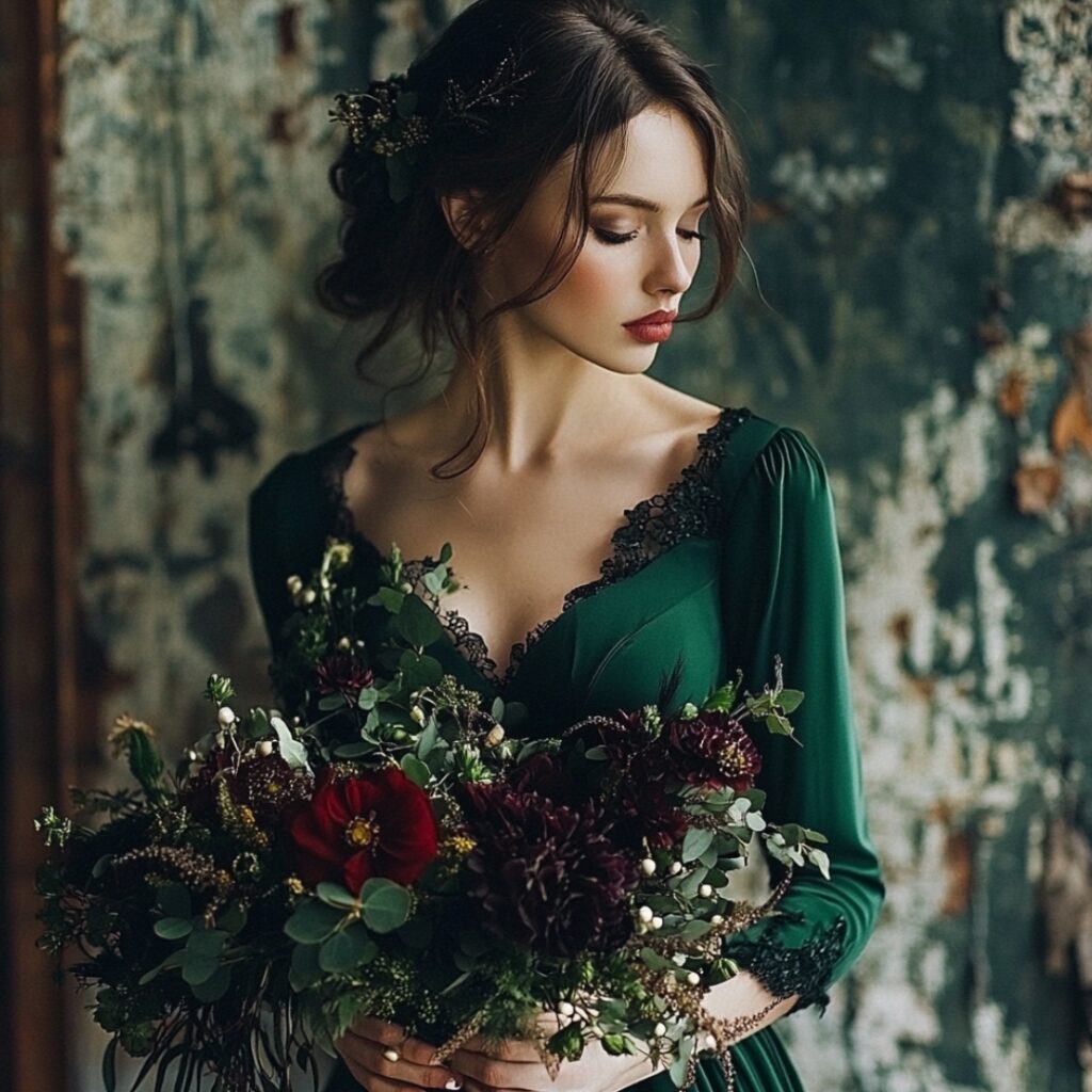 An emerald green bridesmaid dress evoking dark forest enchantment, perfect for a mystical and witchy Halloween wedding celebration.