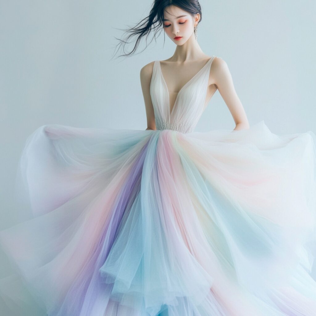 A flowing tulle gown with delicate layers and soft pastel hues, perfect for creating an ethereal and romantic look at a fairytale wedding.