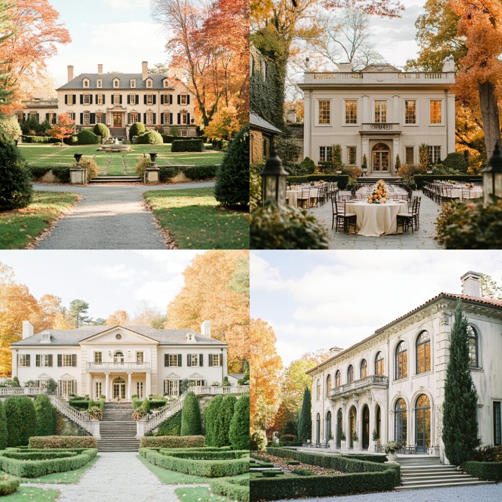 A grand estate wedding venue in September, featuring elegant architecture, manicured gardens, and fall foliage, sets the scene for a timeless and luxurious celebration.
