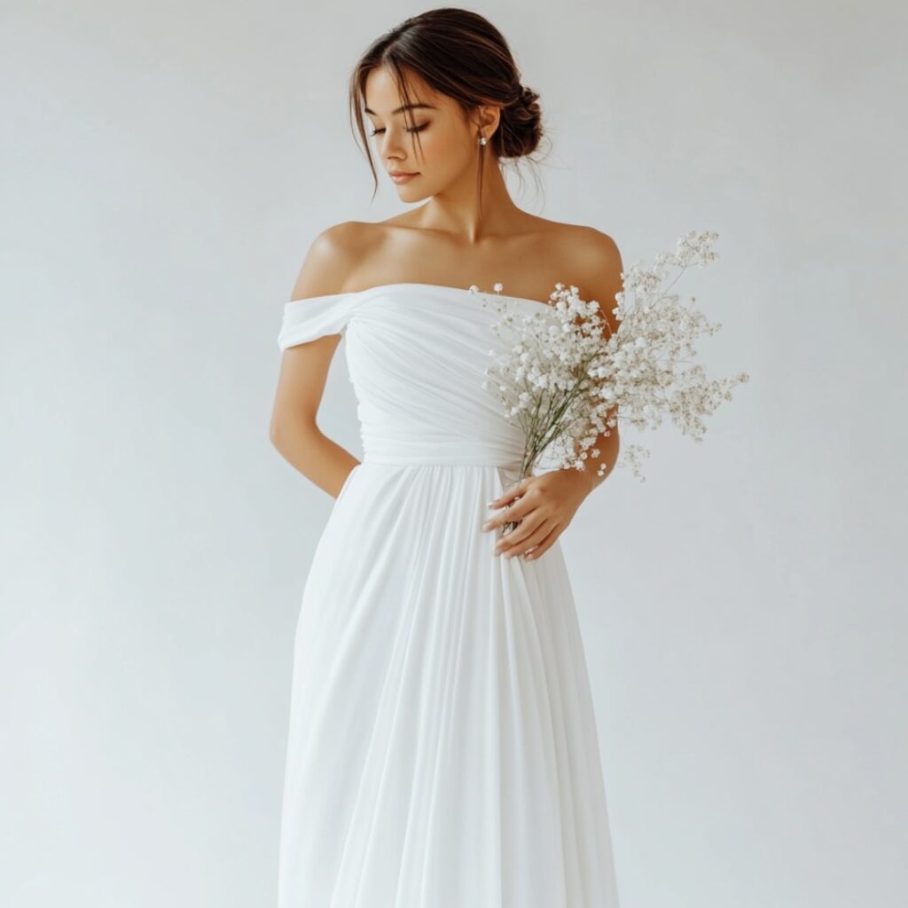 A contemporary one-shoulder gown with soft draped fabric, offering a unique and elegant look for a modern fairytale wedding.