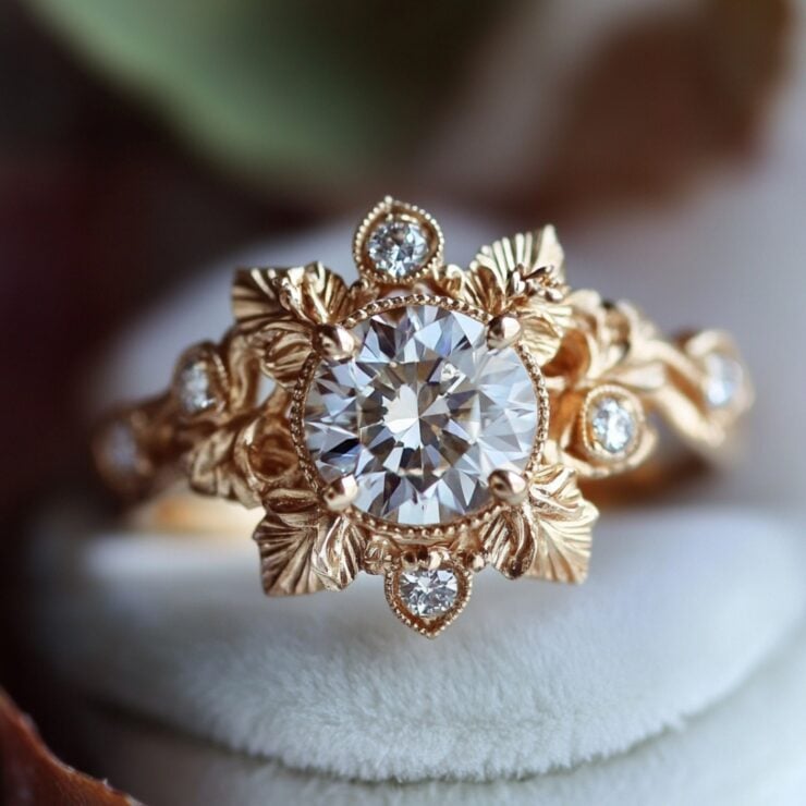 Fairy engagement rings with magical details like floral motifs, sparkling halos, and vintage filigree designs that add enchantment to any love story.
