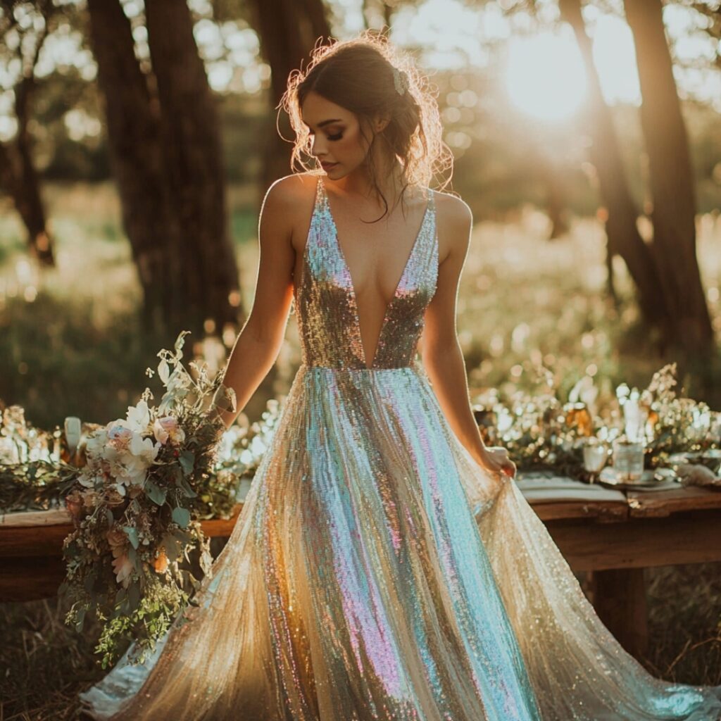 A shimmering sequin dress in iridescent hues, catching the light to create a sparkling, fairy-like appearance at a fairytale wedding.
