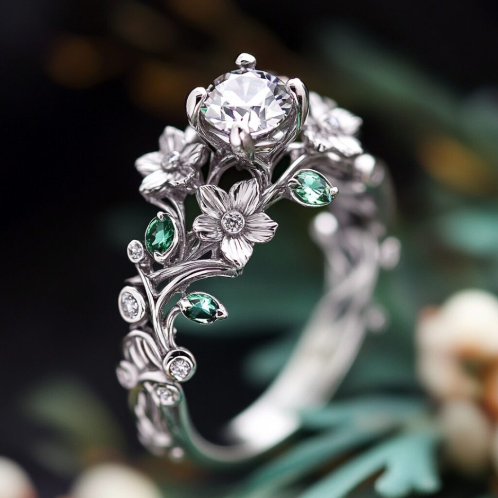 A fairy tale-inspired whimsical engagement ring with intricate vinework, flowers, and hidden gems, radiating a vintage, enchanted feel.