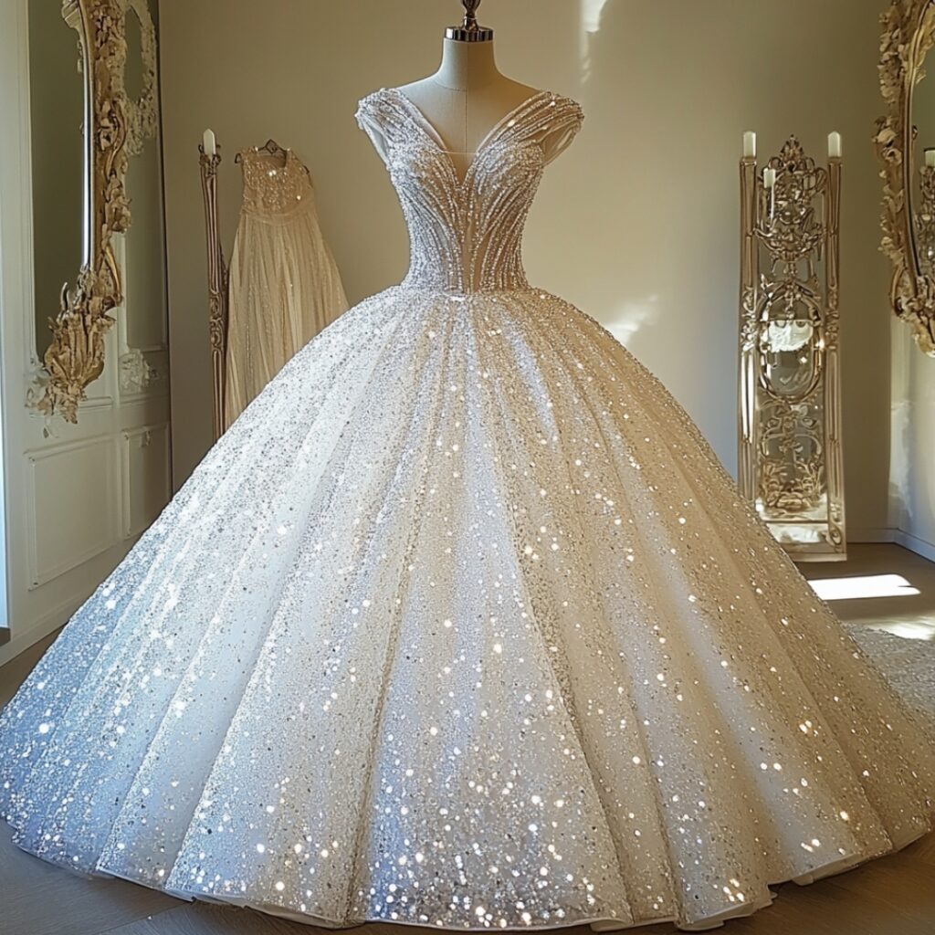 A dazzling fairytale embellished wedding dress adorned with sparkling beading, crystals, or sequins, creating a magical and glamorous bridal appearance.