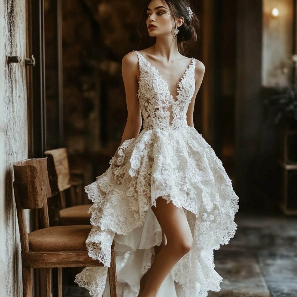 A modern fairytale high-low wedding dress with a unique hemline, lace details, and crystal embellishments, offering an elegant yet playful bridal style.