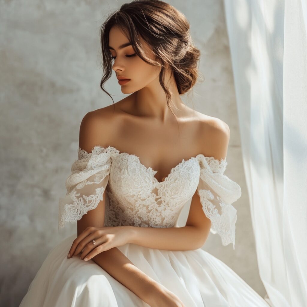 A dreamy off-the-shoulder fairytale wedding dress with a delicate neckline, lace sleeves, and flowing skirt, ideal for a romantic, princess-inspired look.