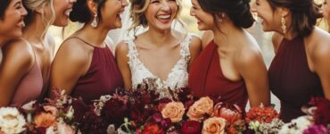 Fall bridal party attire with rich colors, luxurious textures, and thoughtful accessories, creating a cohesive, elegant look that enhances wedding photos.