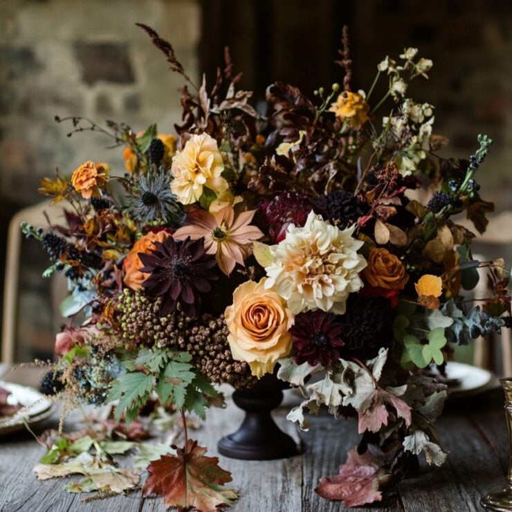 An overview of various fall floral centerpiece ideas that blend natural elements like flowers, foliage, and seasonal accents, perfect for weddings or events with rustic, boho, or elegant styles.