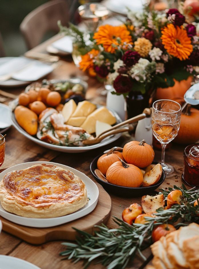 Fall wedding menu featuring dishes like butternut squash soup, roast chicken with rosemary, pumpkin ravioli, spiced cakes, caramel apples, and seasonal pies, paired with autumn-inspired cocktails.