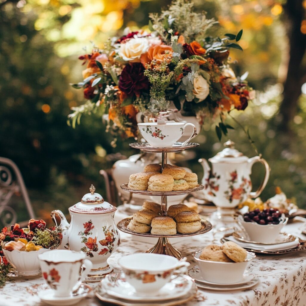 A fall-themed high tea engagement party with herbal teas, spiced scones, vintage tea sets, and autumn foliage centerpieces for an elegant celebration.