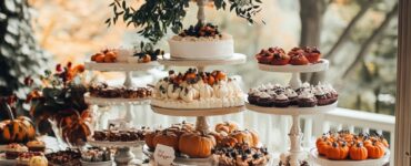 A beautifully arranged fall wedding dessert table highlighting the season's flavors and colors, incorporating elements like pumpkins and spices for an unforgettable guest experience.