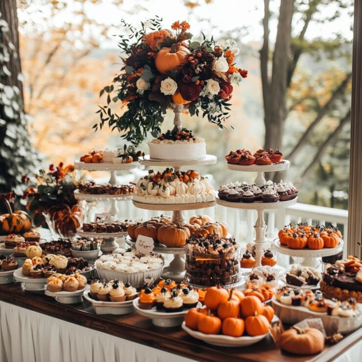 A beautifully arranged fall wedding dessert table highlighting the season's flavors and colors, incorporating elements like pumpkins and spices for an unforgettable guest experience.