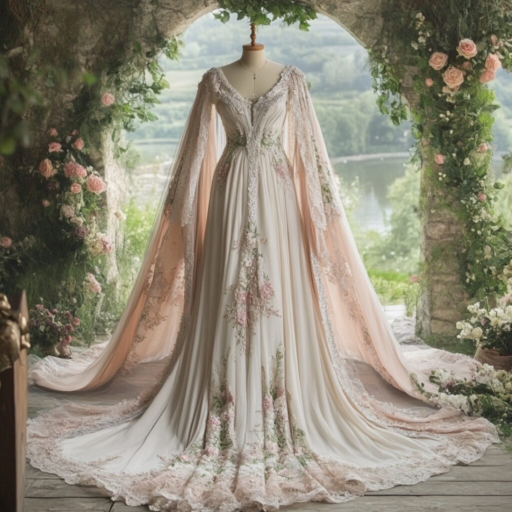A dramatic caped gown in soft hues, perfect for creating a regal and magical look, making you feel like a storybook character at a fairytale wedding.