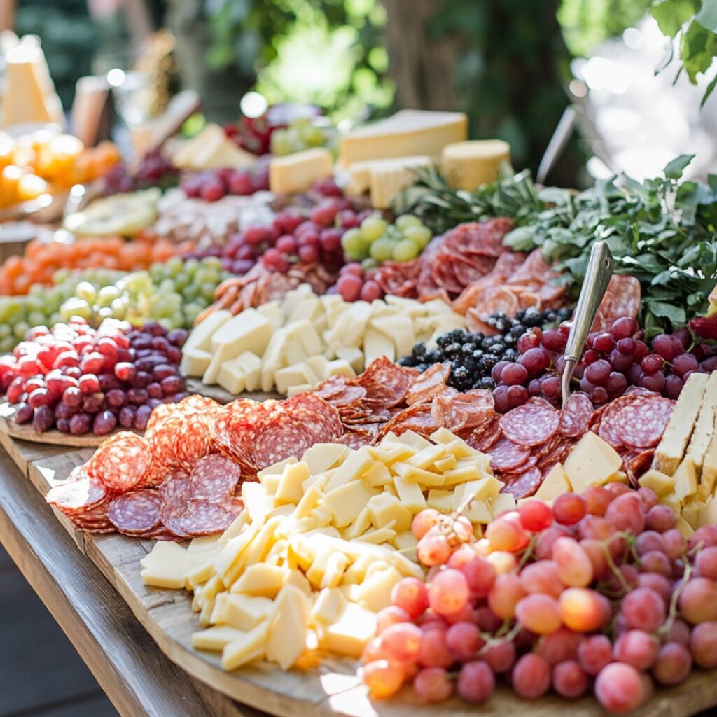 A vibrant display of locally sourced cheeses, charcuterie boards, and seasonal fruits, reflecting the rustic elegance of a vineyard wedding.