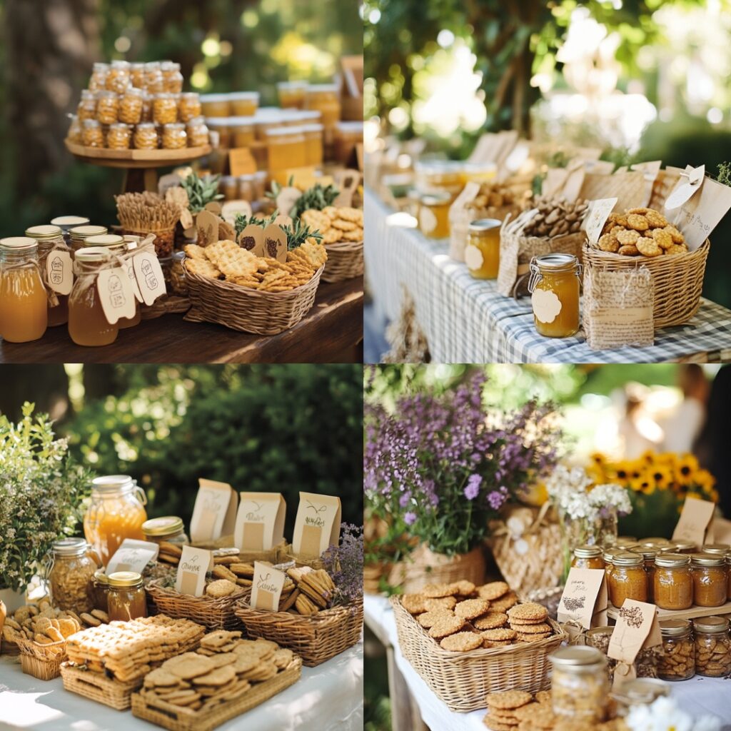 Thoughtful picnic-themed favors for guests, including mini jars of honey, seed packets, and small baskets filled with homemade cookies as sweet mementos.