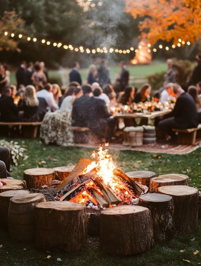 Cozy fire pit at a fall wedding, with guests gathered around roasting marshmallows or enjoying s'mores, surrounded by rustic seating and blankets for warmth.