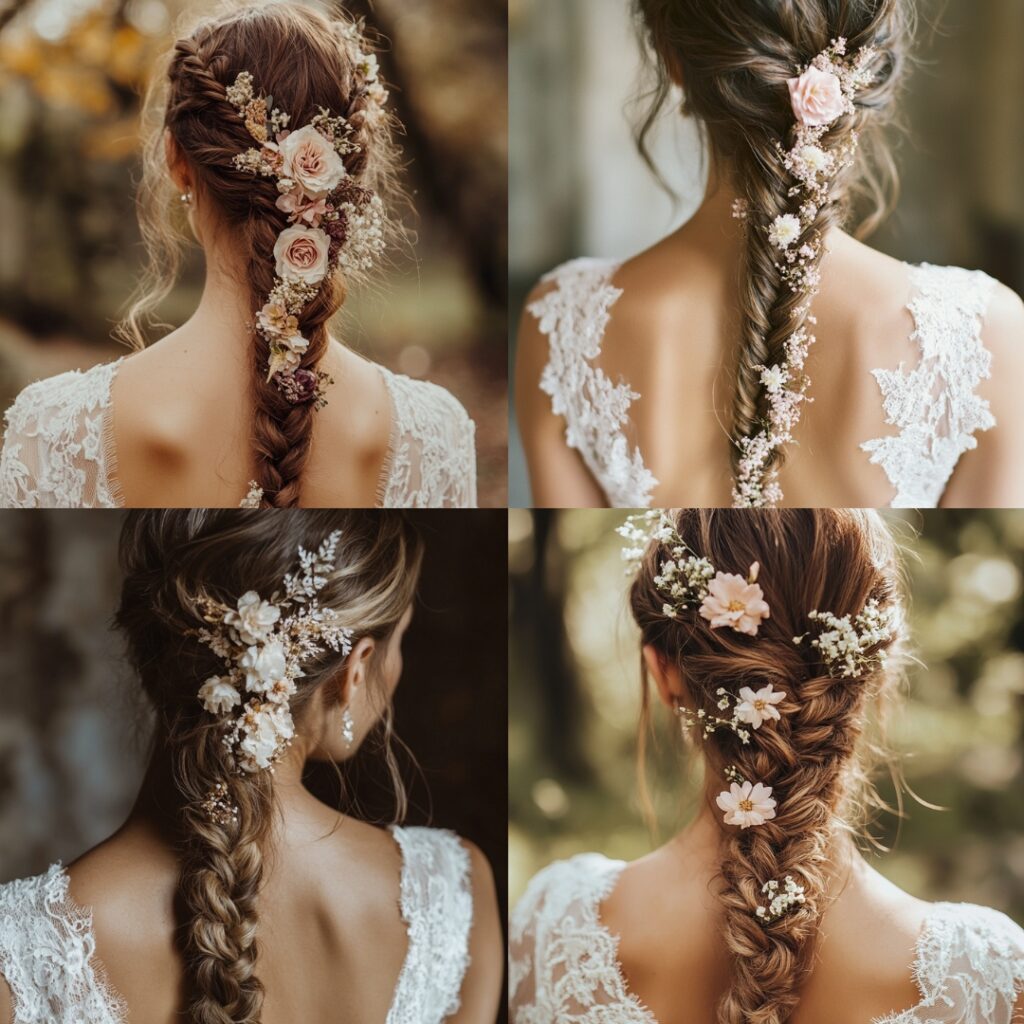 A close-up of a fishtail braid cascading down a bride's back, adorned with delicate floral accents, highlighting the intricate texture and bohemian style.