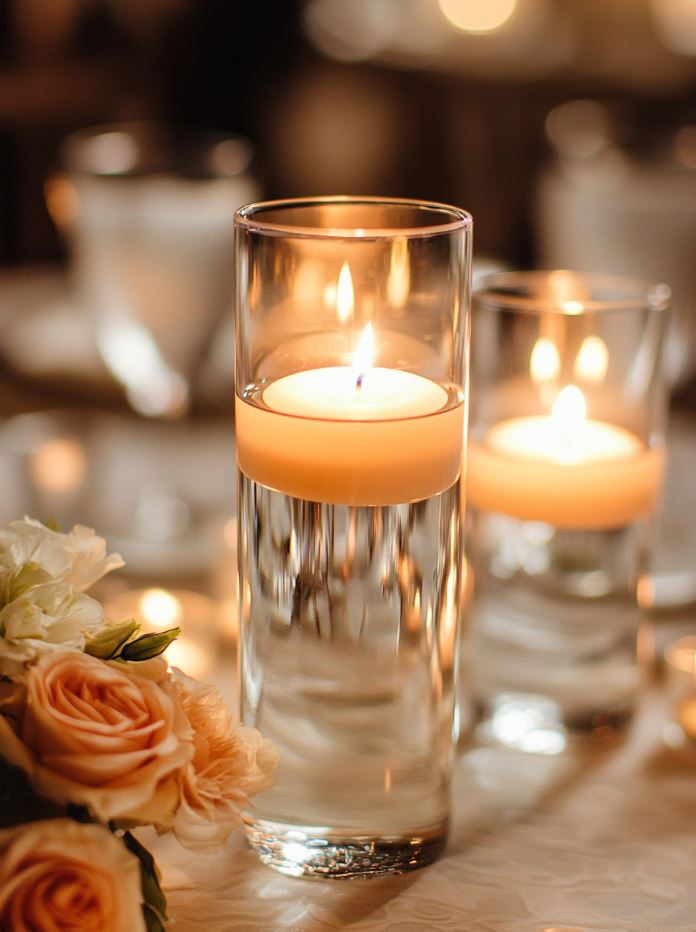 Romantic floating candle centerpiece with a soft, glowing light adding warmth and elegance to a wedding reception table.