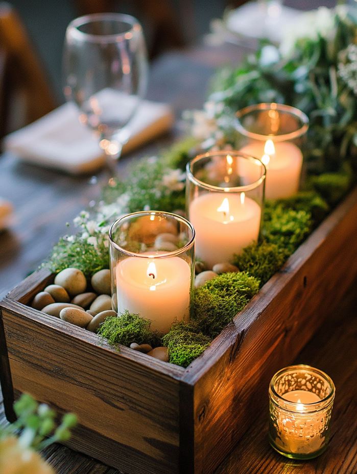 Rustic wooden box with floating candles, moss, and pebbles, creating a cozy, romantic centerpiece perfect for barn or outdoor weddings.