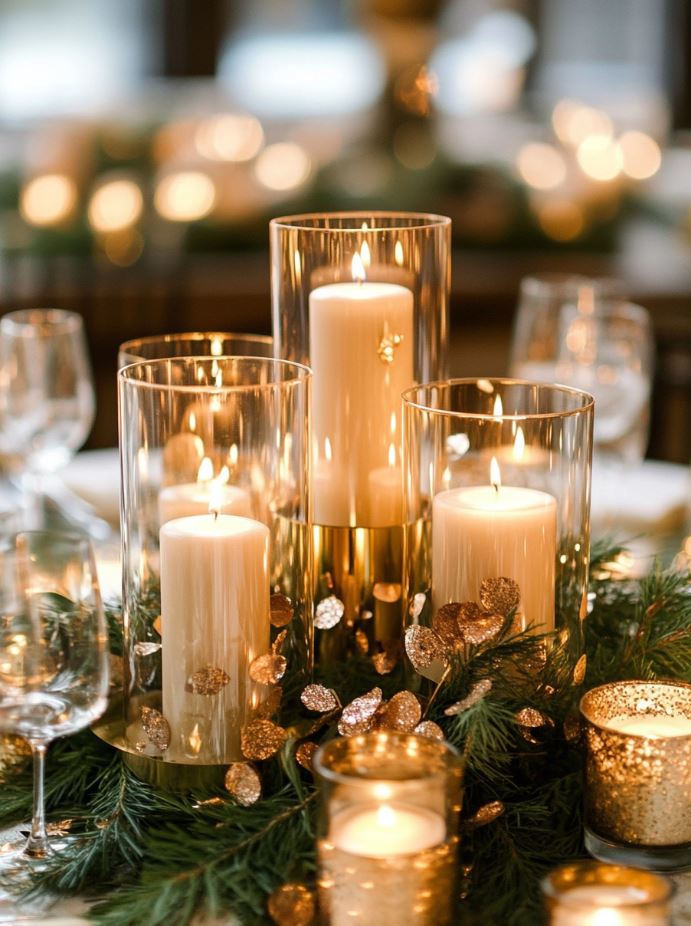 Elegant floating candle centerpiece in gold-accented holders with metallic confetti and foliage, adding a glamorous and opulent touch to the decor.