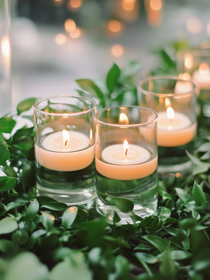 Floating candles nestled in a lush greenery garland, creating a natural and romantic atmosphere for a garden or outdoor wedding.