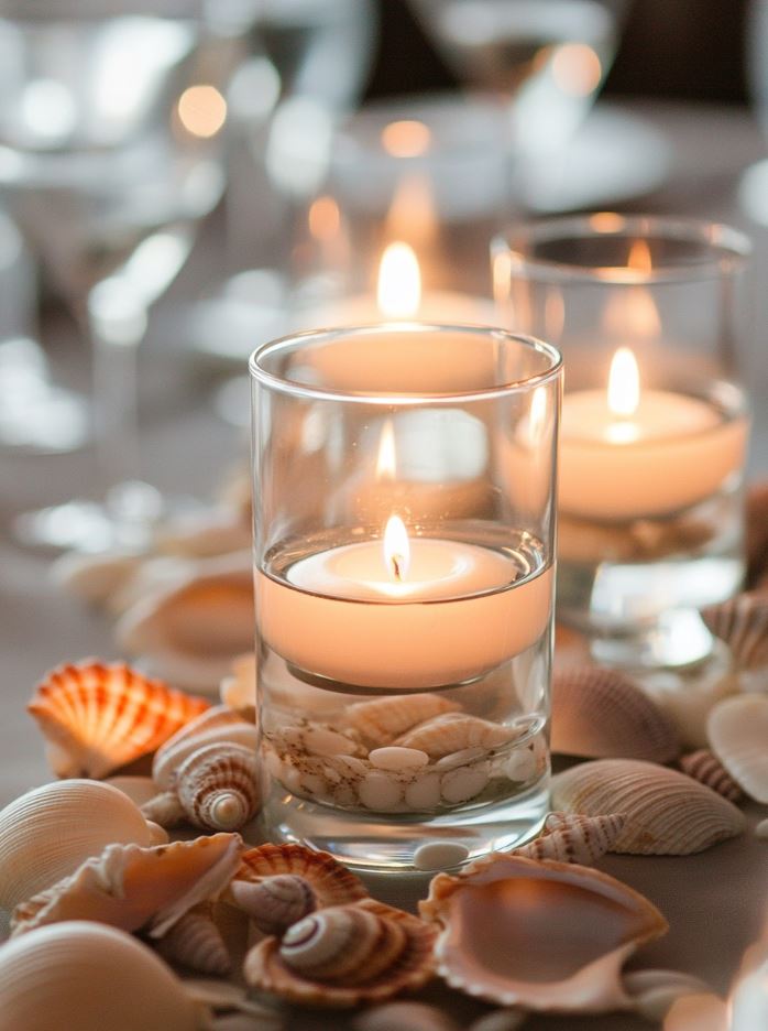 Coastal wedding centerpiece featuring floating candles surrounded by seashells, evoking a serene beachy vibe.