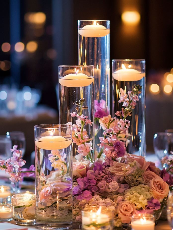 Stunning wedding centerpiece with floating candles and submerged flowers in tall glass vases, creating a dramatic and luxurious effect.