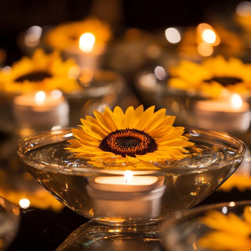 A minimalist floating sunflower centerpiece featuring sunflower blooms floating in shallow glass bowls of water, enhanced by the soft glow of floating candles.
