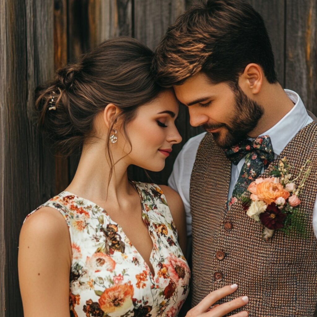Barn wedding couple featuring a vintage-inspired look with the groom in a tweed vest and the bride in a floral-printed gown, complemented by matching florals.