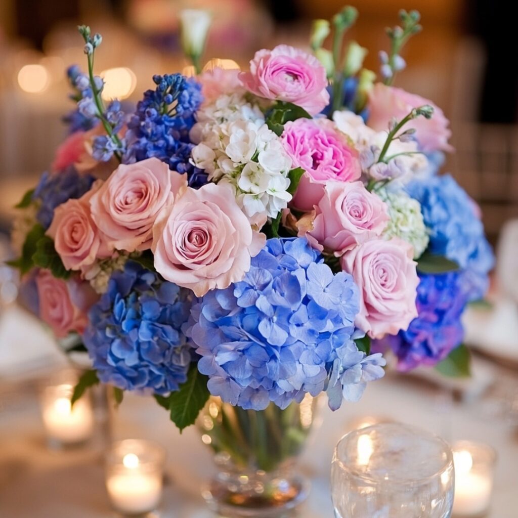 Beautiful floral arrangements featuring blue and pink blooms create a stunning visual impact, enhancing the wedding theme with natural elegance.