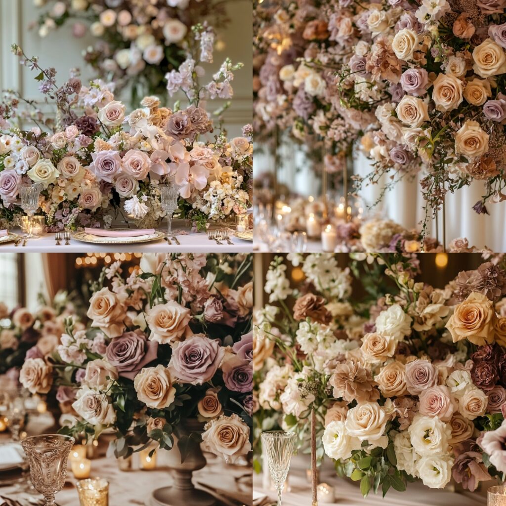 A stunning display of floral arrangements featuring champagne and mauve blooms, including soft mauve roses and delicate champagne-hued flowers, enhancing the romantic wedding decor.