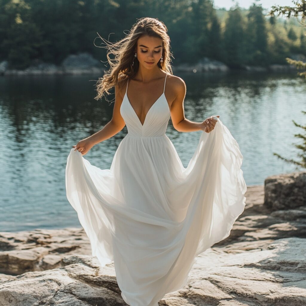 An empire waist wedding dress with lightweight fabrics and a flowing silhouette, offering a dreamy, relaxed look for a lakefront ceremony.