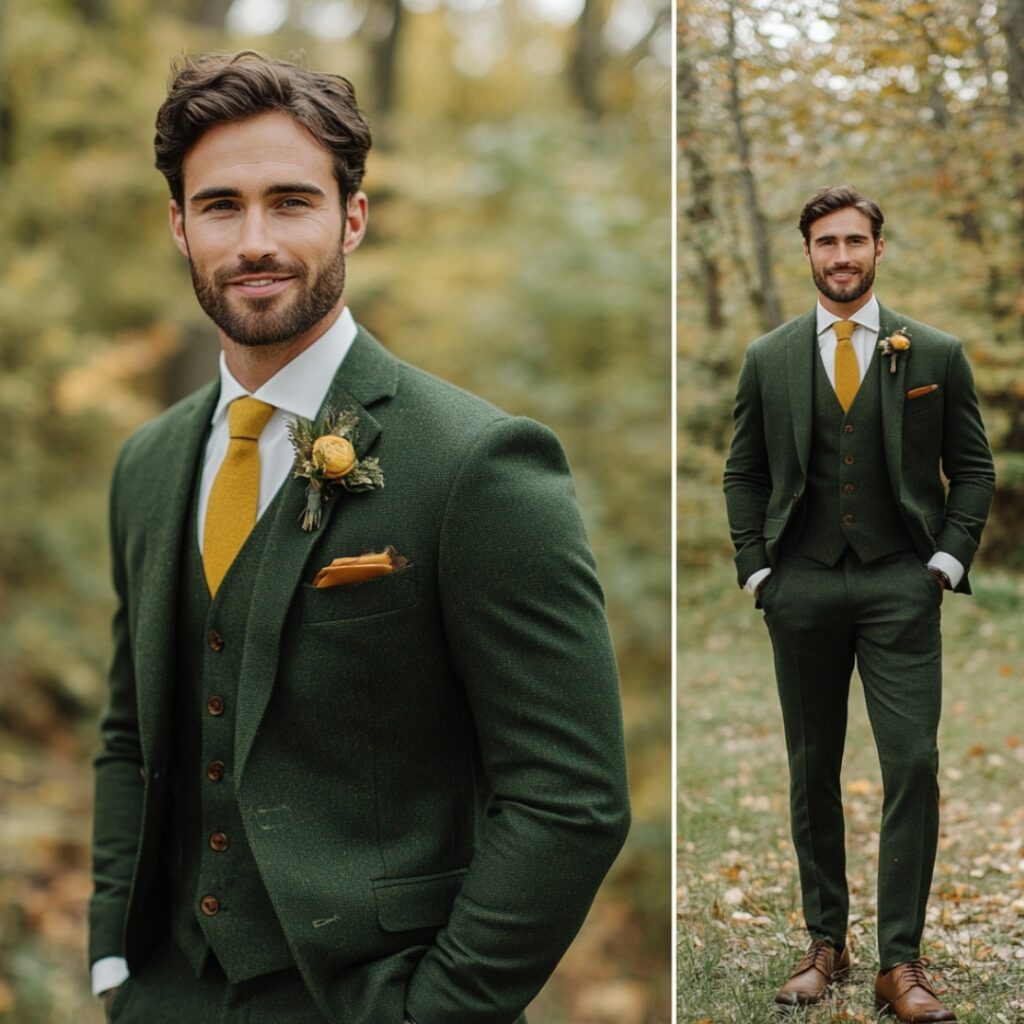 A groom wearing a stylish forest green three-piece suit, accented with a mustard yellow tie and brown leather shoes for a sophisticated fall wedding.