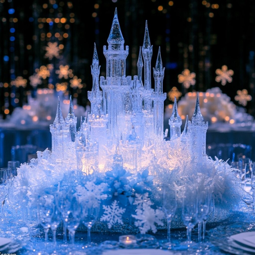 A glass ice castle centerpiece surrounded by faux snow, icy blue flowers, and snowflake ornaments, inspired by "Frozen," creating a magical winter wedding atmosphere.