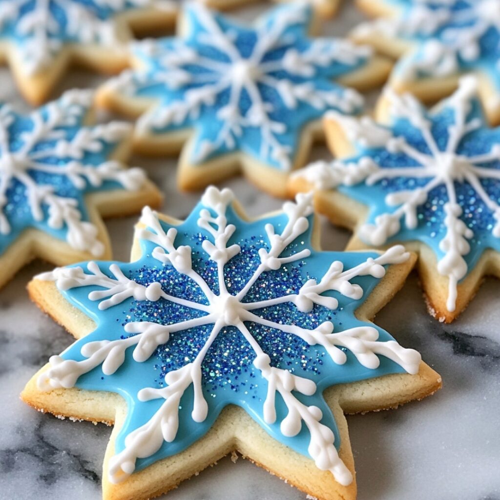 Delicate vanilla sugar cookies decorated with royal icing in icy blue and white, sprinkled with edible glitter for a frosty, Frozen-inspired touch.
