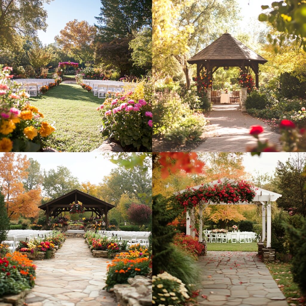 A vibrant garden wedding venue in September, showcasing blooming flowers and fall foliage, provides a whimsical outdoor space for romantic ceremonies and receptions.