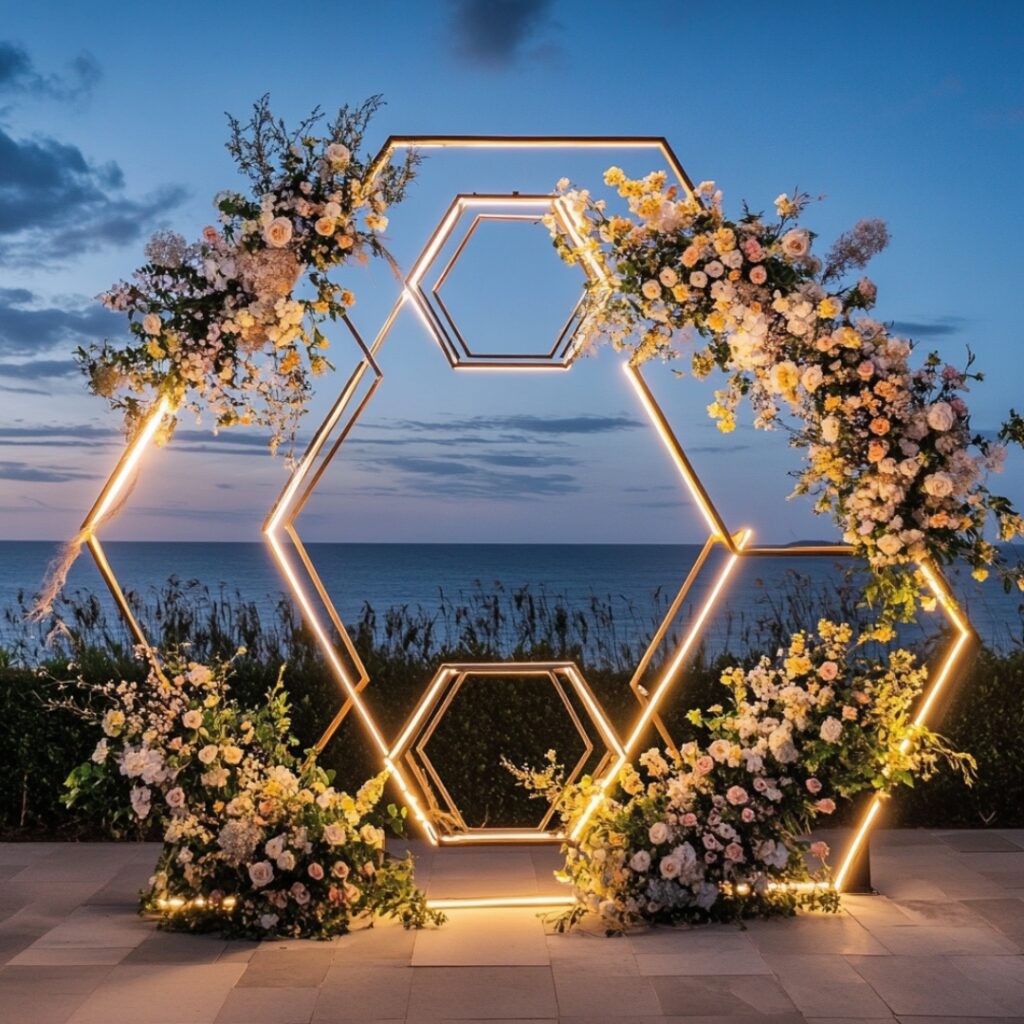 Bold geometric backdrops of hexagons or circles adorned with flowers or lights provide a striking, modern focal point against the open sky.